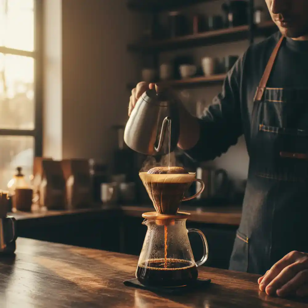 Barista pouring water over fresh coffee grounds