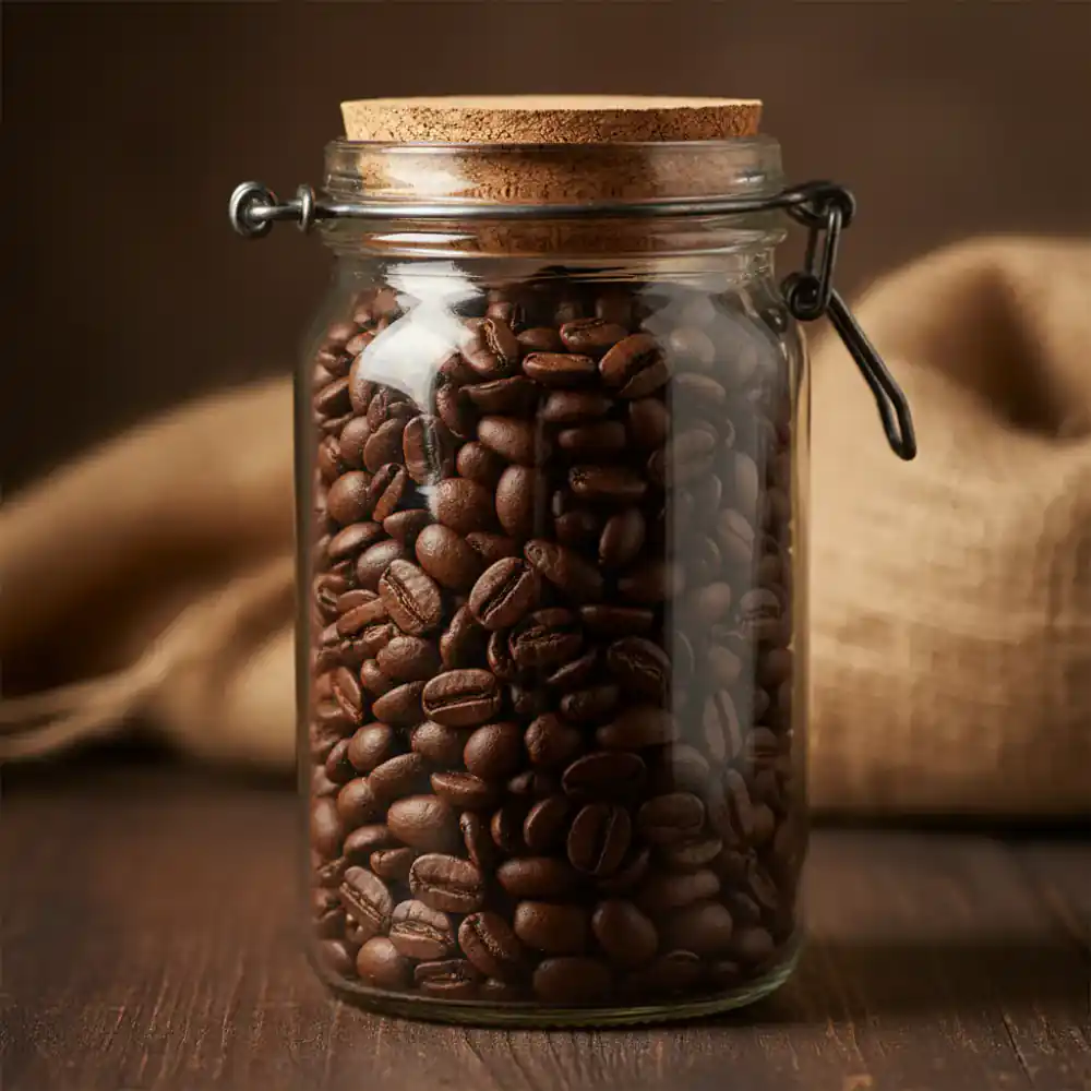 Coffee beans stored in a sealed glass jar