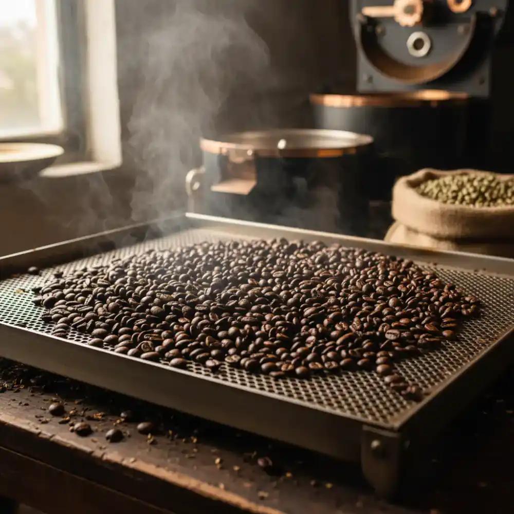 Freshly roasted coffee beans cooling on a tray