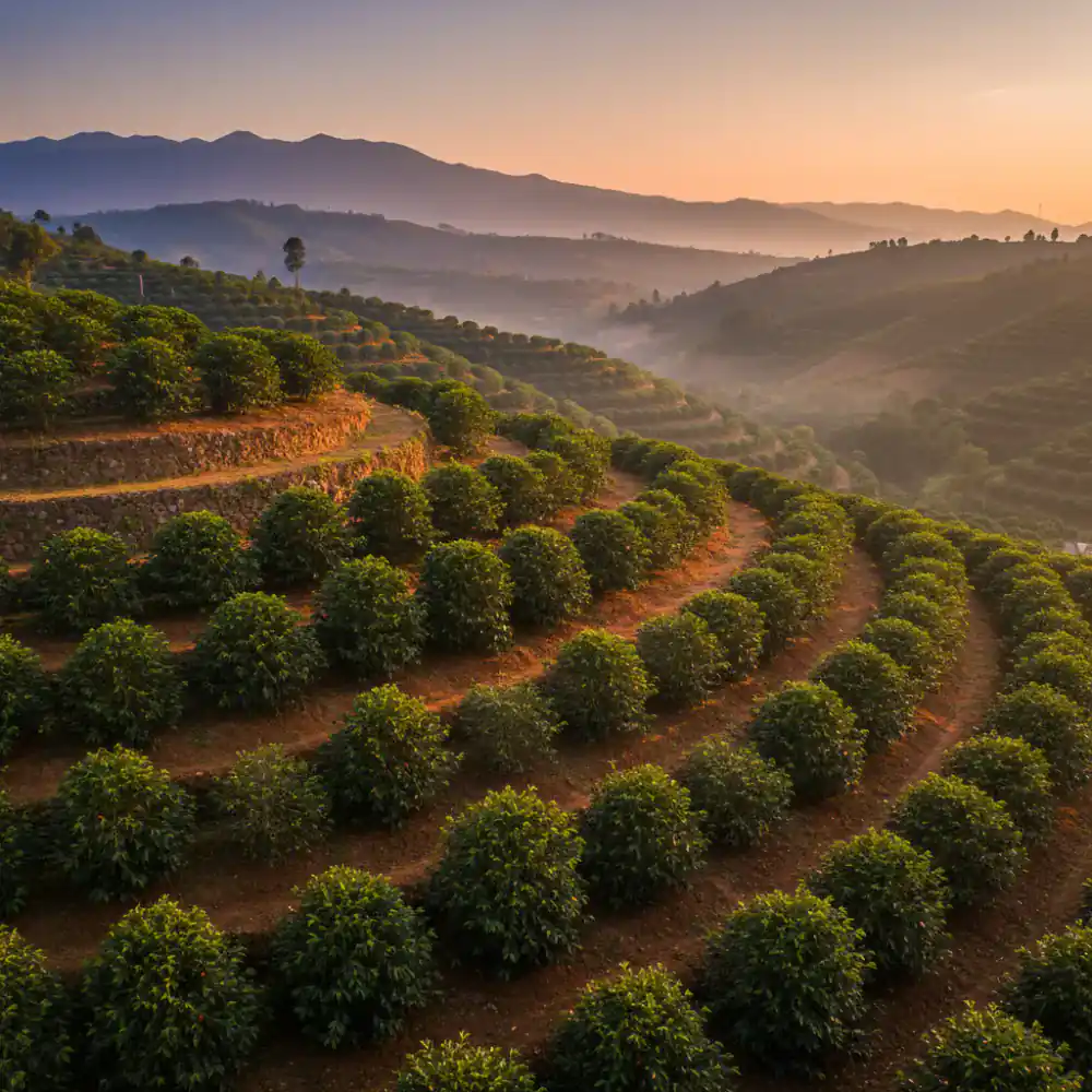 Coffee plants growing on a hillside