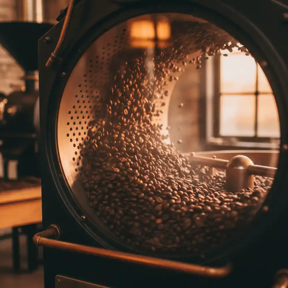 Coffee beans tumbling inside a hot roaster drum