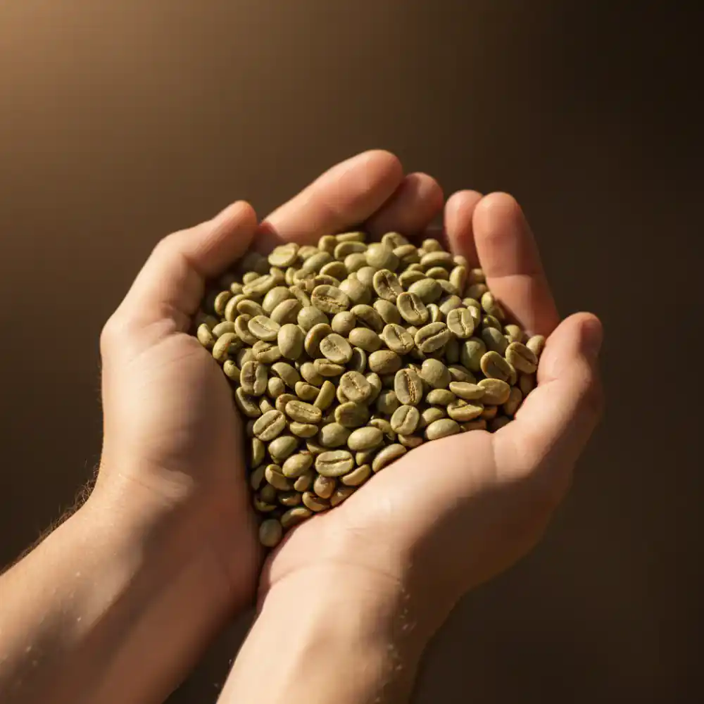 Hands holding raw green coffee beans