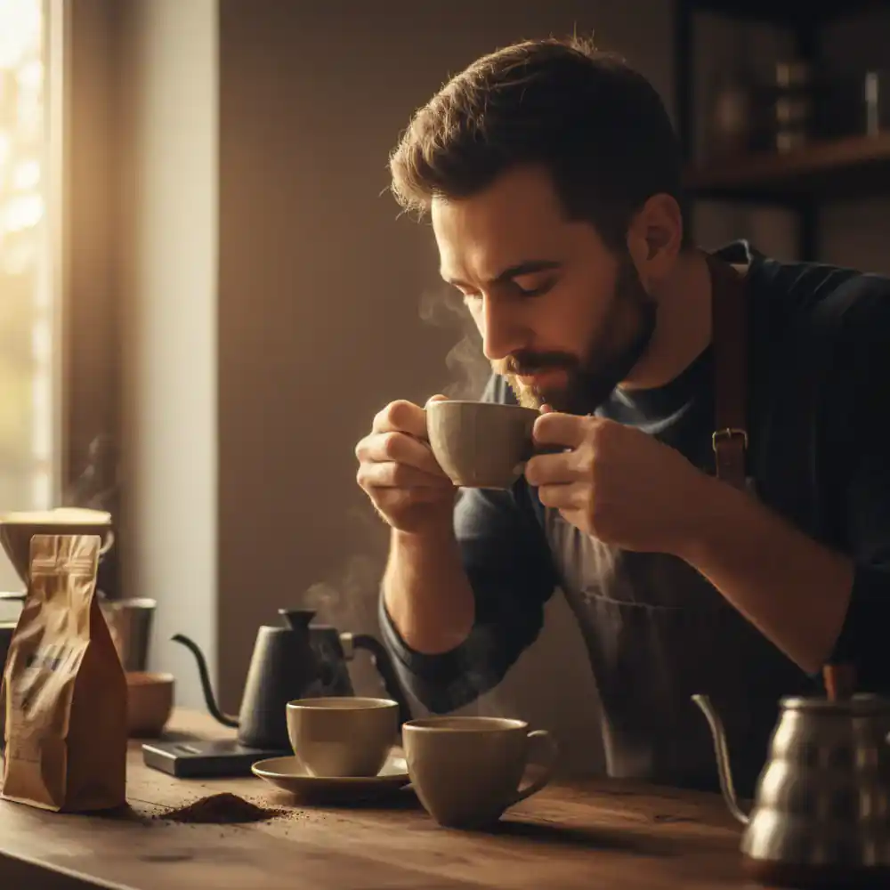 Barista smelling and tasting freshly brewed coffee from cups