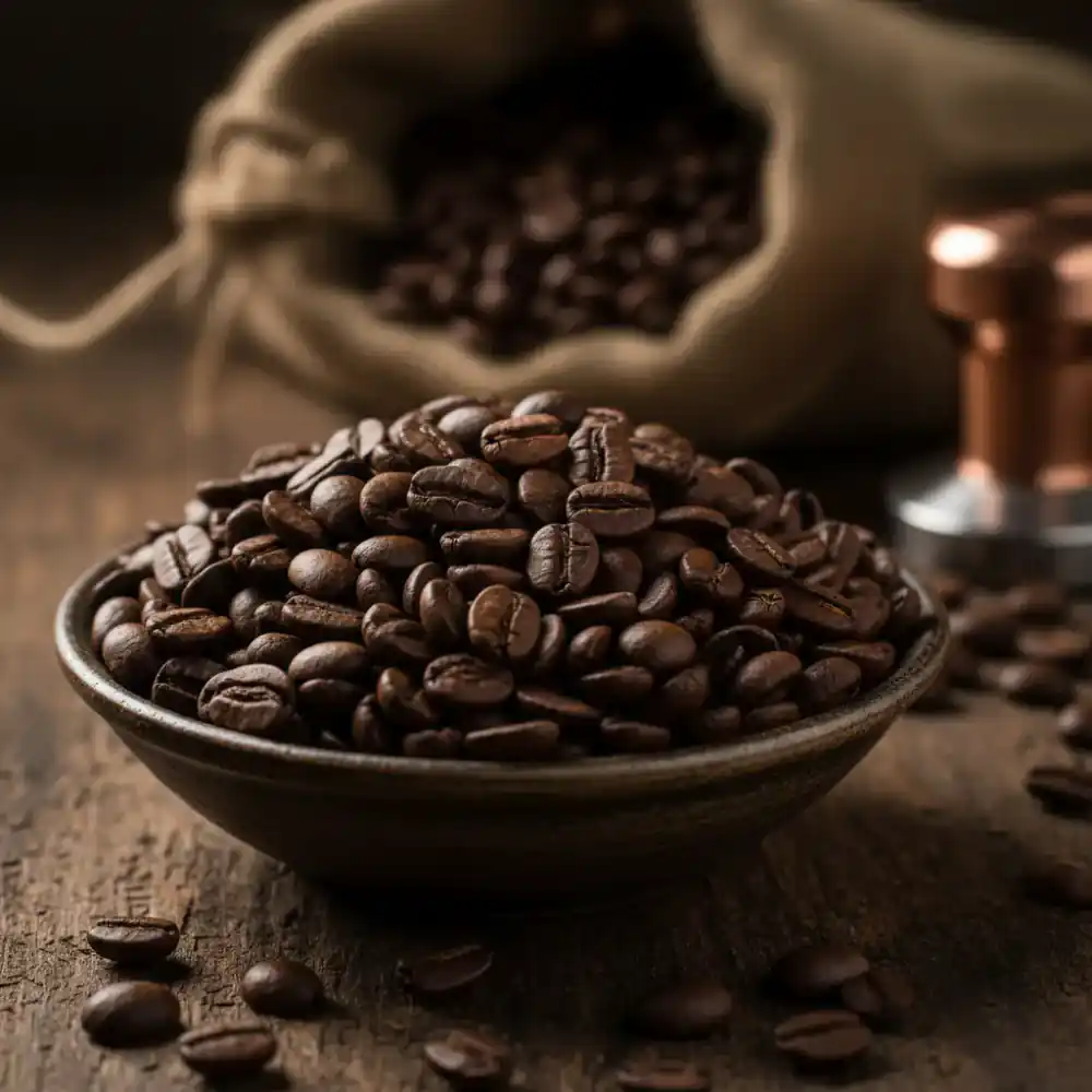 Dark roasted coffee beans with a slight surface oil