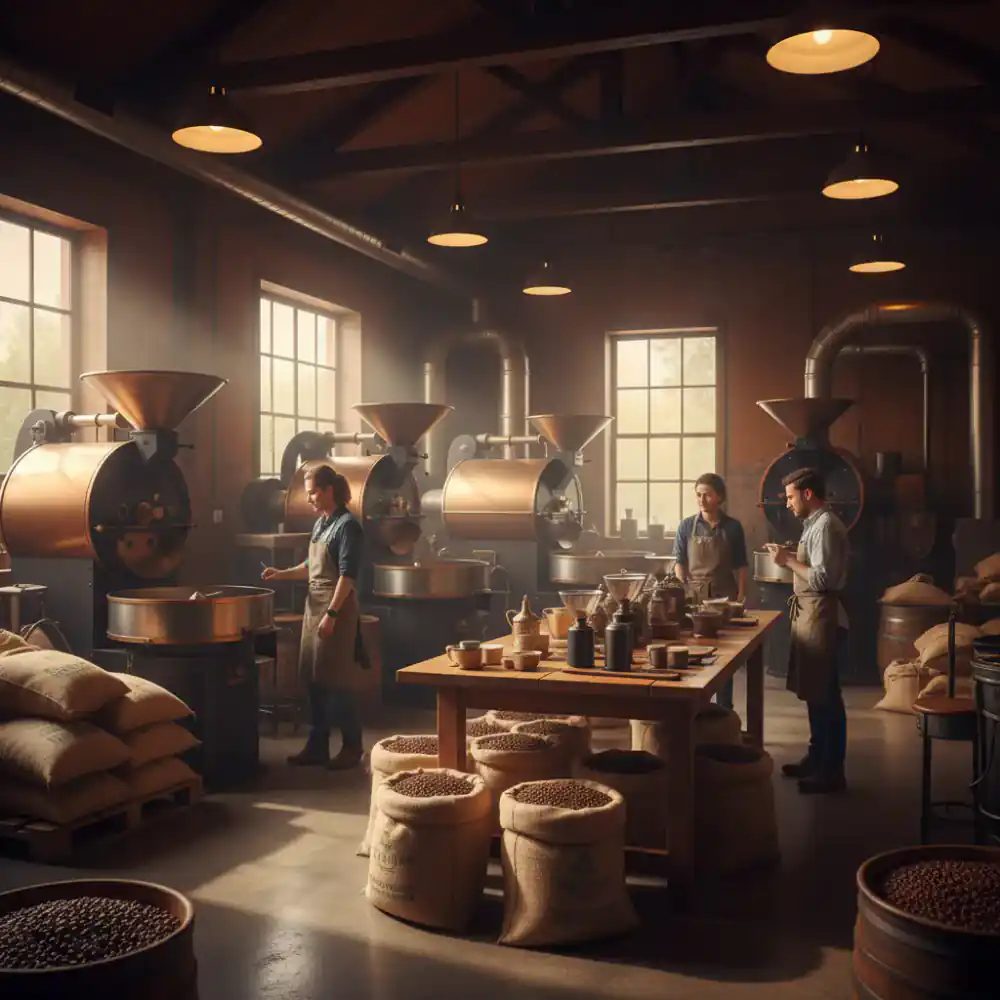 Warm lighting inside the coffee roastery