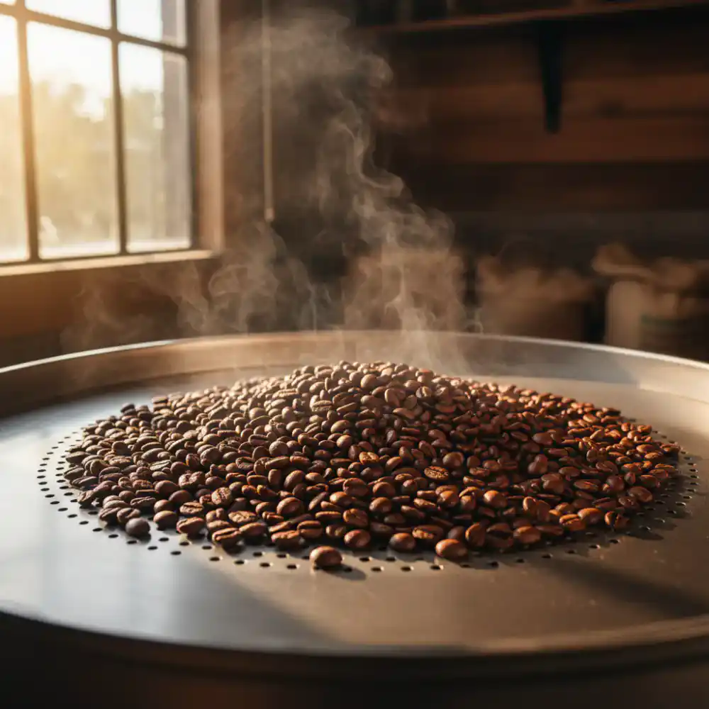Freshly roasted coffee beans cooling in a large tray