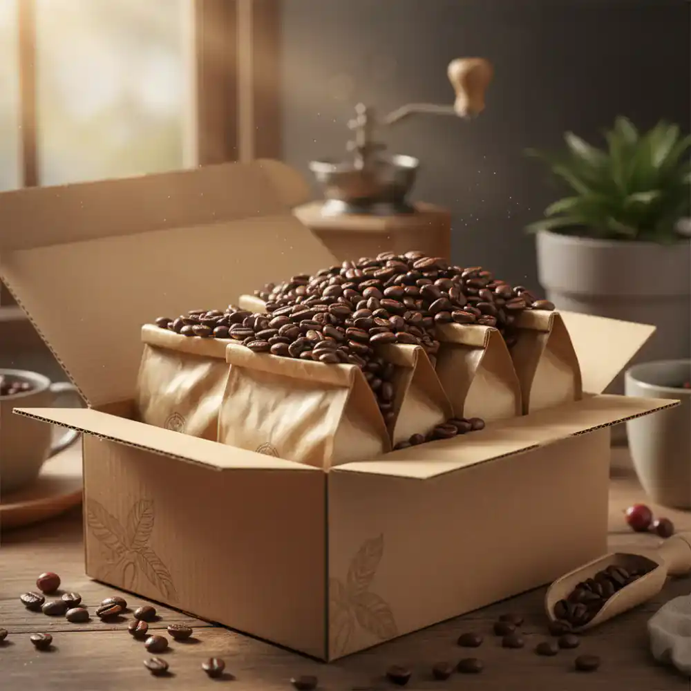 Coffee subscription delivery box filled with fresh beans