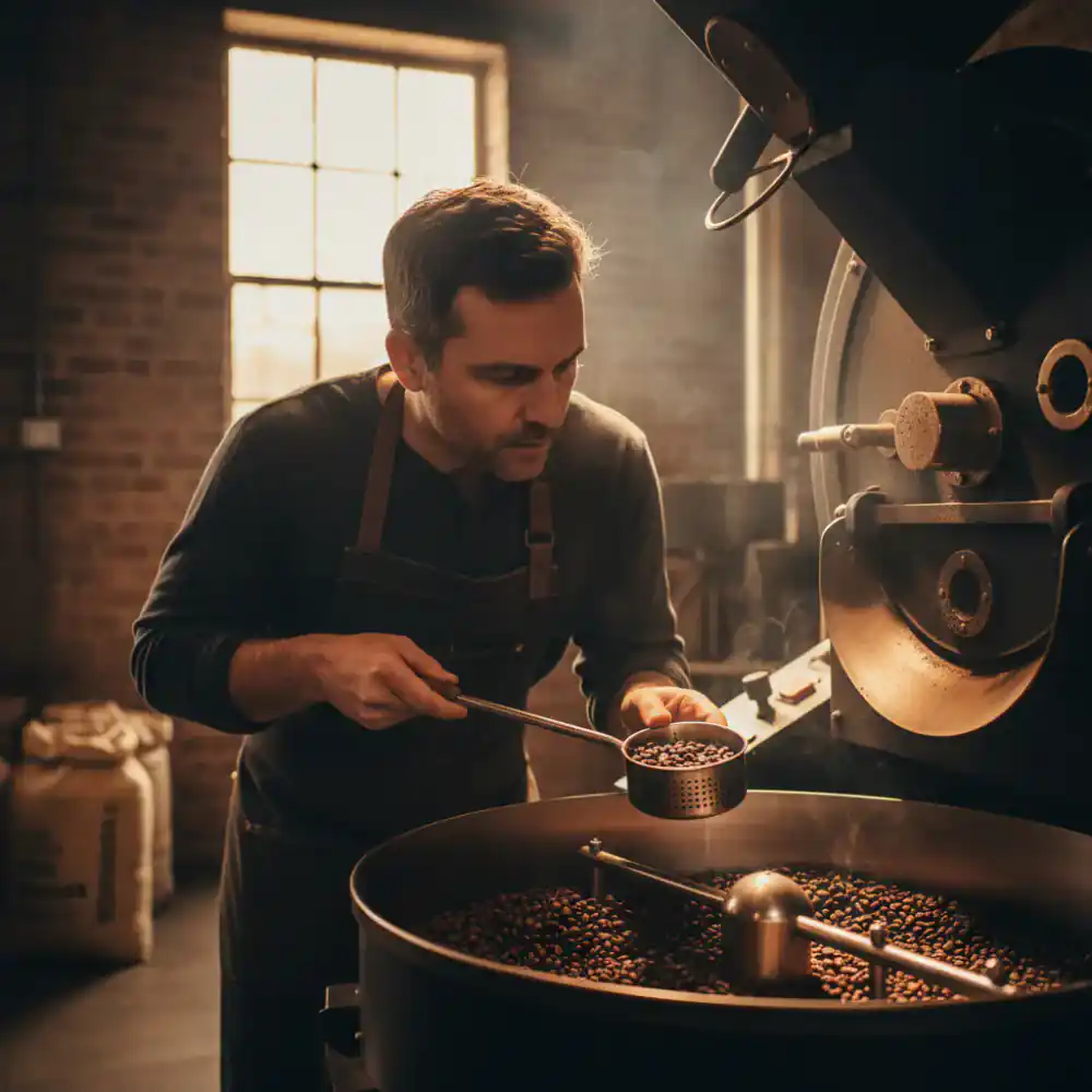 Head roaster inspecting beans during a roast