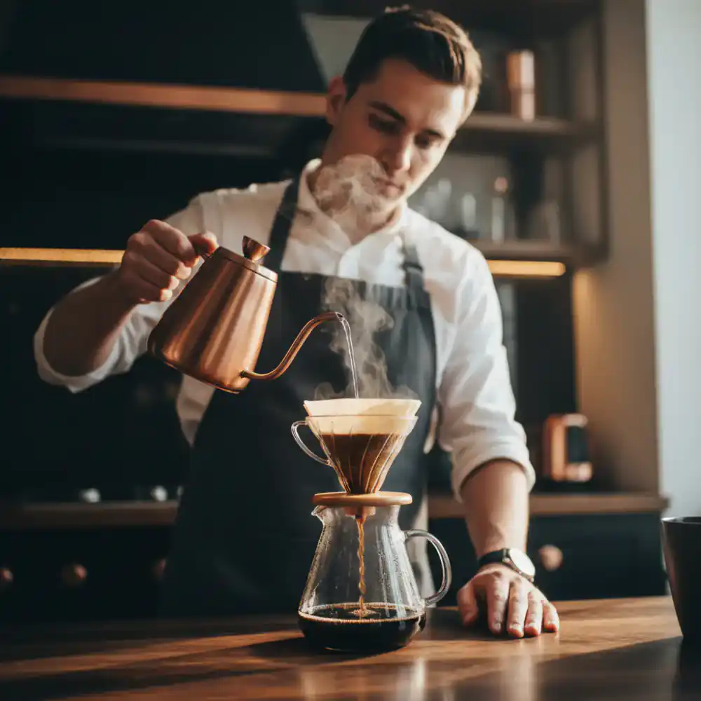 Quality lead carefully brewing a pour-over coffee